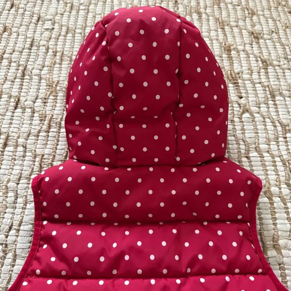 Gymboree Girls Hooded Reversible Puffer Vest Red White Polka Dot Apple Print 6